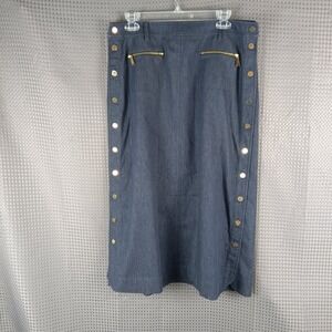Worth New York Women's Denim Snap Button Skirt Size 8 Dark Wash Gold Zip Pockets